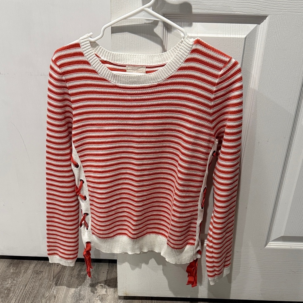 Coral and White Striped Knit Sweater with Side Tie Detail